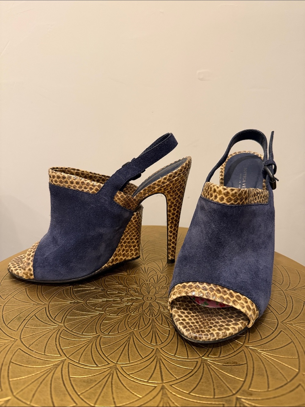 Bottega Veneta Navy Suede & Brown Snakeskin-Trim High Heel Slingbacks